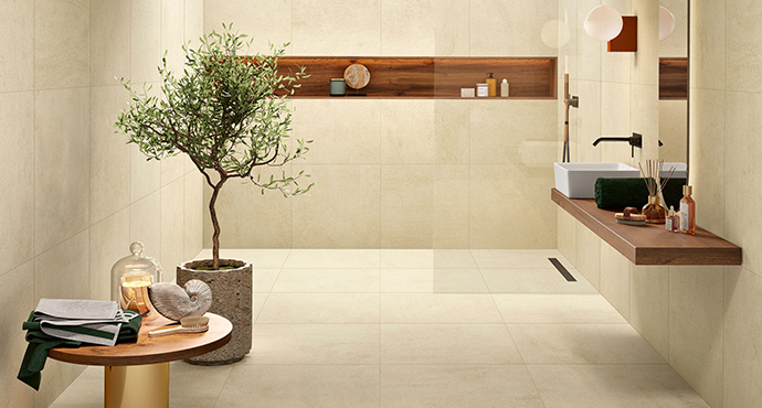 baño de diseño moderno minimalista con encimera para lavabo y plato de ducha al fondo