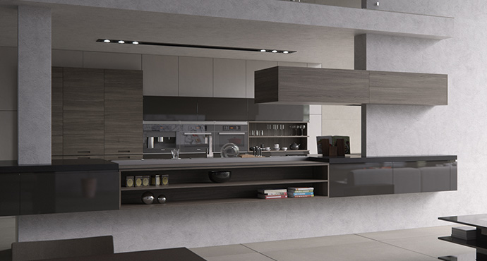 Cocina grande moderna de Senssia en compacto roble visón, Lacado brillo grafito y Compacto cemento blanco