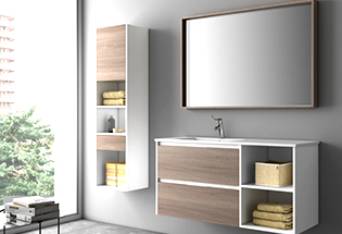 baño moderno y funcional en color blanco y madera con muebles suspendidos y gran espejo